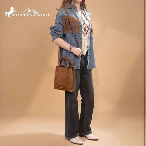 Montana West Brown Embroidered Crossbody Bag with rivet details - Picture 6 of 6